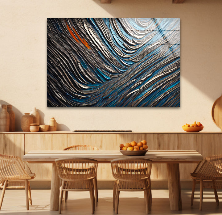 Textured Waves Abstract Glass Wall Art – Blue & Metallic Modern Decor