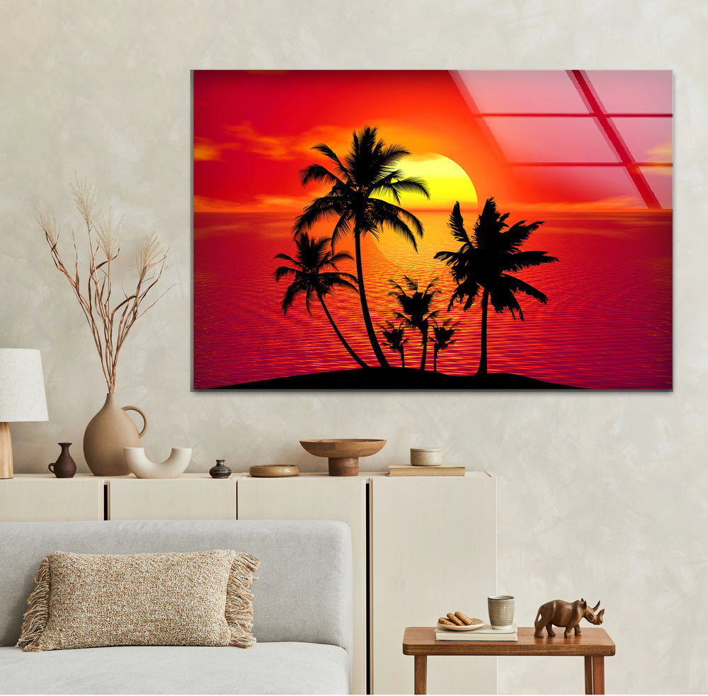 Tropical Sunset Palm Tree Wall Art – Vibrant Beach Scene on Tempered Glass - MyPhotoStation