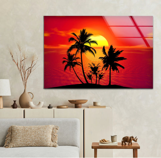 Calm, vibrant tropical sunset palm tree wall art sets a mood of beachy relaxation with its warm hues and glossy glass printing finish.