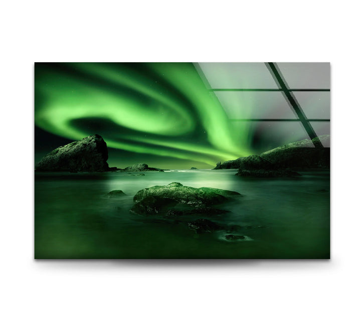 Northern Lights Aurora Borealis Wall Art – Green Sky Glass Print for Modern Interiors - MyPhotoStation