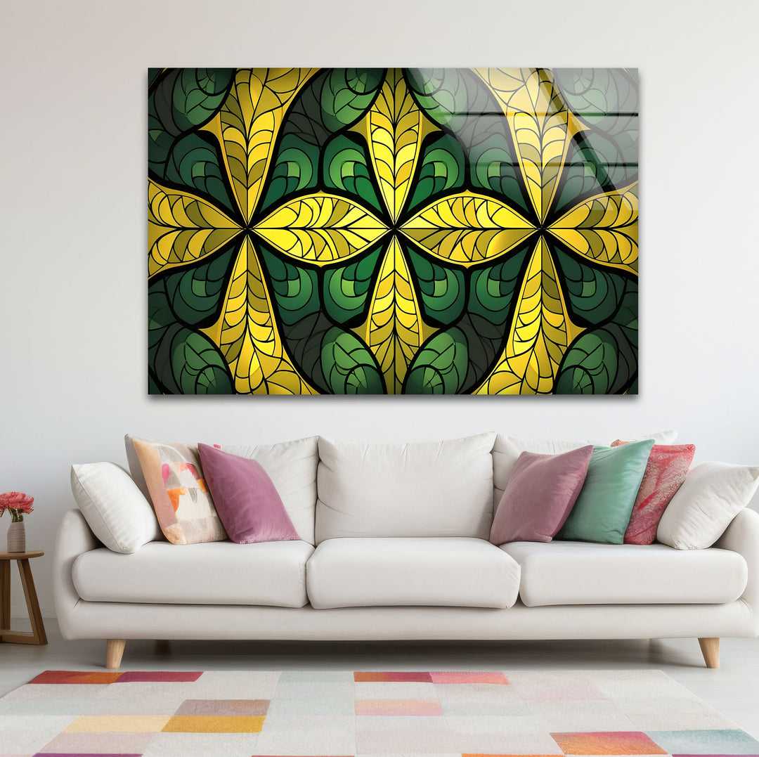 Green & Gold Stained Glass Wall Art – Botanical Geometric Glass Design