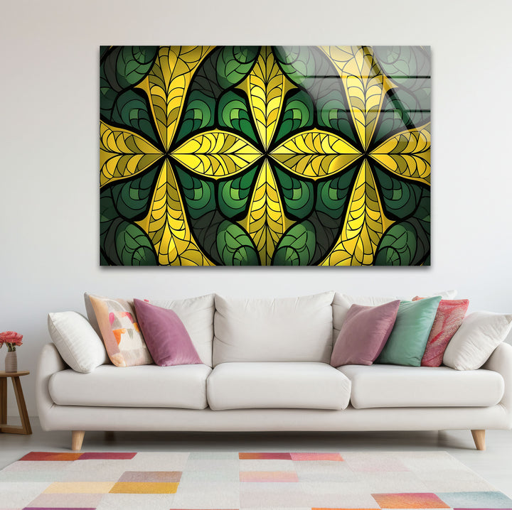 Green & Gold Stained Glass Wall Art – Botanical Geometric Glass Design