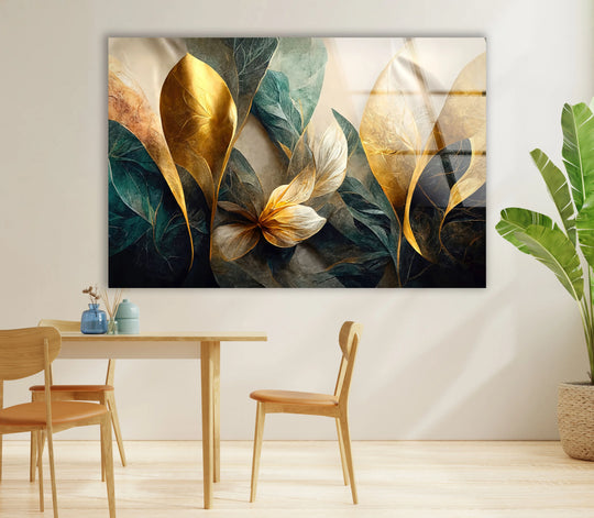 Alternating between dark green, light gold, and cream, the botanical print wall art in this floral glass print creates a stunning visual rhythm.