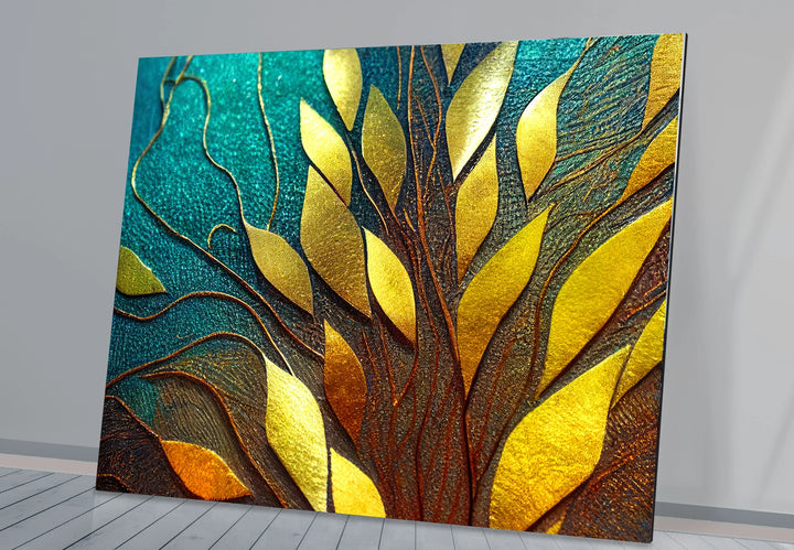 Golden Leaf Tree Glass Wall Art – Elegant Botanical Design with Teal & Amber Accents - MyPhotoStation