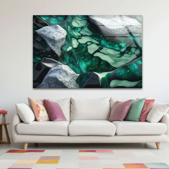 Abstract glass art featuring a horizontal orientation with organic, flowing shapes and rough stone textures.