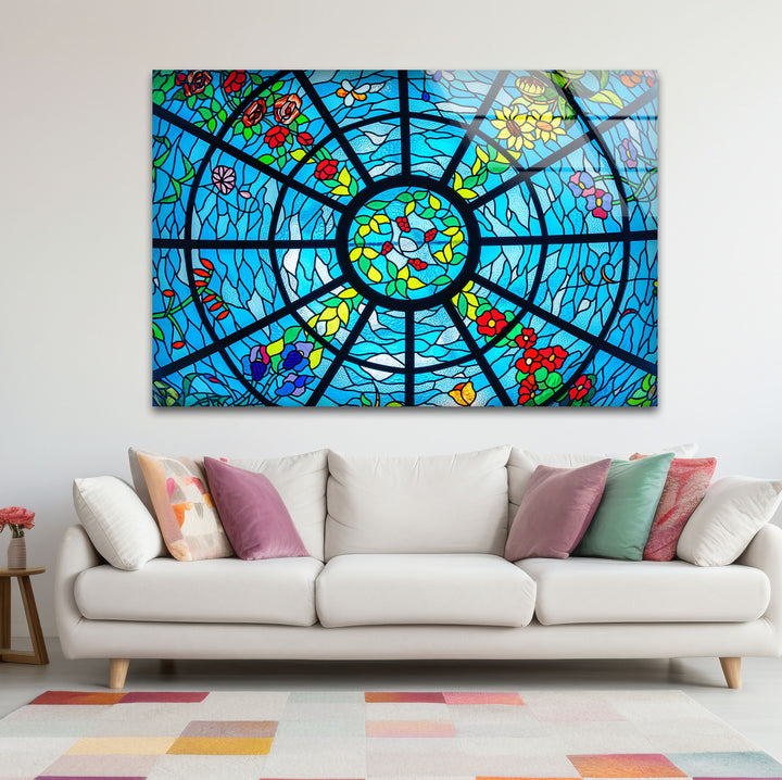 Blue Stained Glass Wall Art – Vibrant Floral & Ocean Window Design for Home & Office