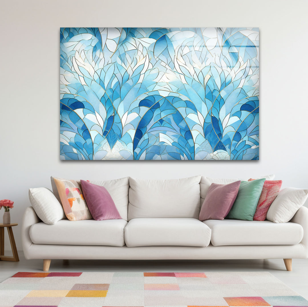 Ocean Leaf Stained Glass Wall Art – Blue Botanical Window Panel, Calming Nature Decor