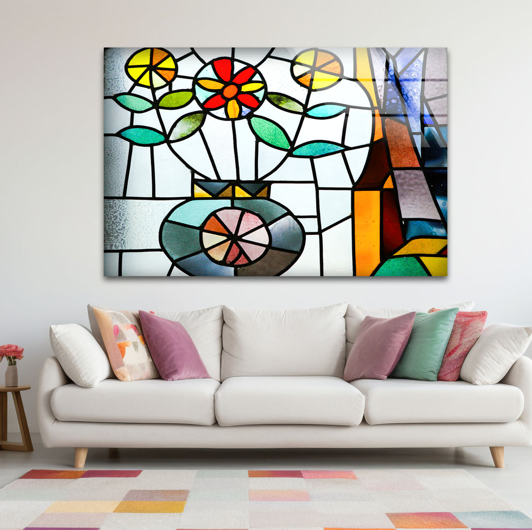 Floral Stained Glass Wall Art – Colorful Flower Vase Mosaic Panel
