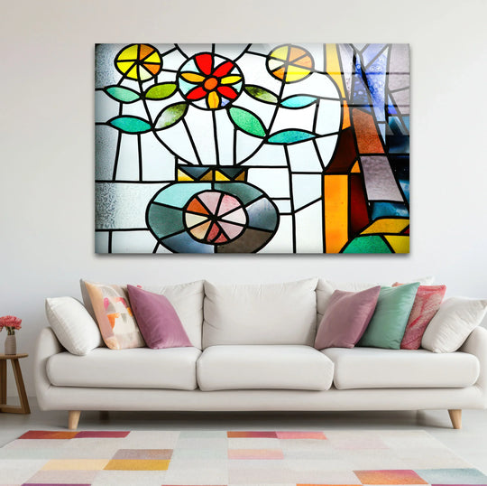 Floral Stained Glass Wall Art – Colorful Flower Vase Mosaic Panel - MyPhotoStation