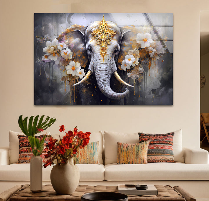 Regal Elephant Wall Art – Golden Floral Decor on Tempered Glass Panel