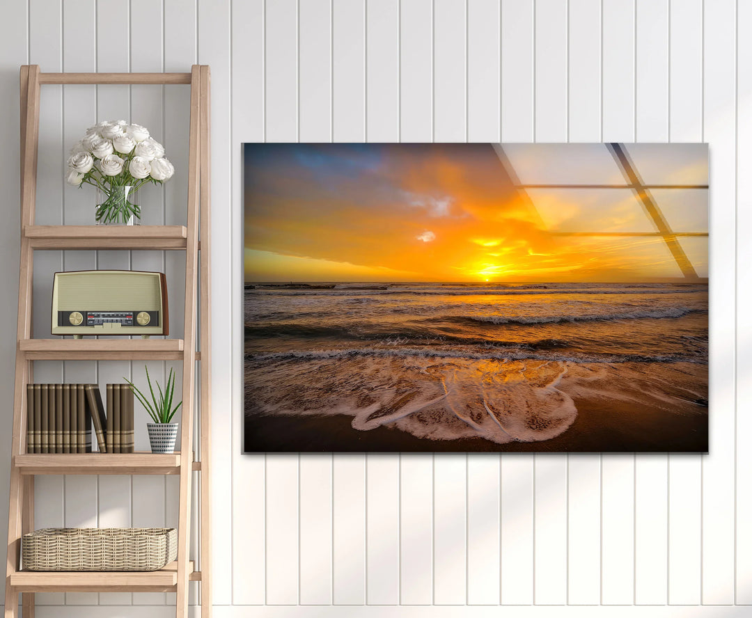 Golden Sunset Over Ocean Waves – Seashore Wall Art on Tempered Glass - MyPhotoStation