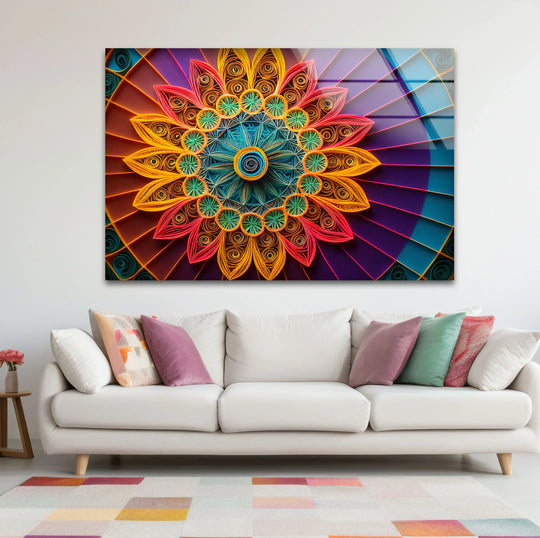 Mandala Glass Wall Art – Vibrant 3D Geometric Paper Design - MyPhotoStation