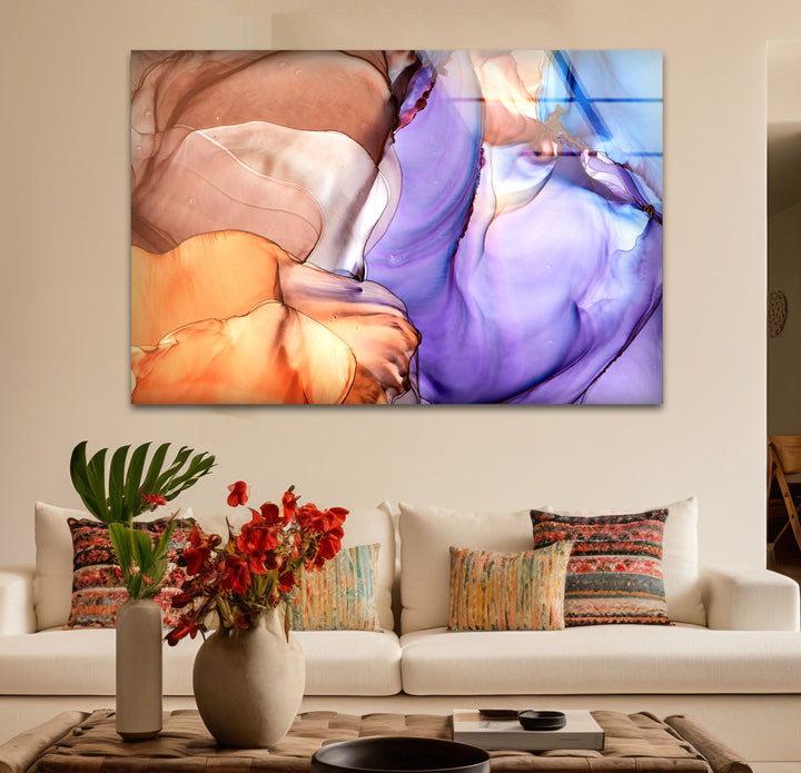 Purple and Amber Abstract Wall Art – Modern Glass Artwork for Living Rooms