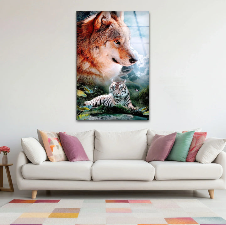 Wolf and White Tiger Wall Art – Majestic Animal Duo Nature Glass Print for Bold Decor - MyPhotoStation