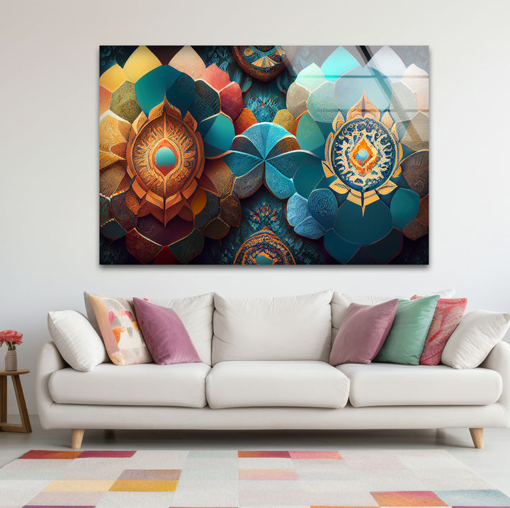 Luxuriöse Mandala-Wandkunst aus Glas – Abstraktes geometrisches Blumendesign