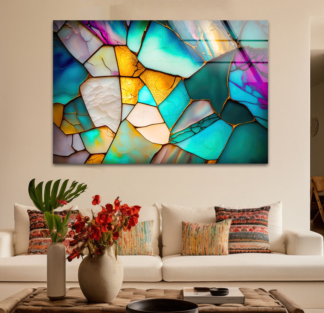 Modern Stained Glass Abstract Wall Art – Teal & Gold Geometric Glass Print