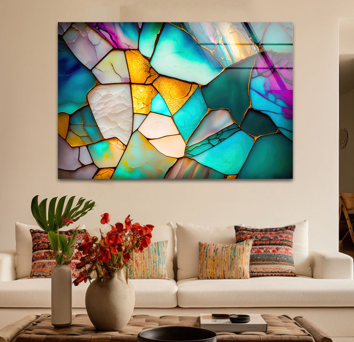 Modern Stained Glass Abstract Wall Art – Teal & Gold Geometric Glass Print