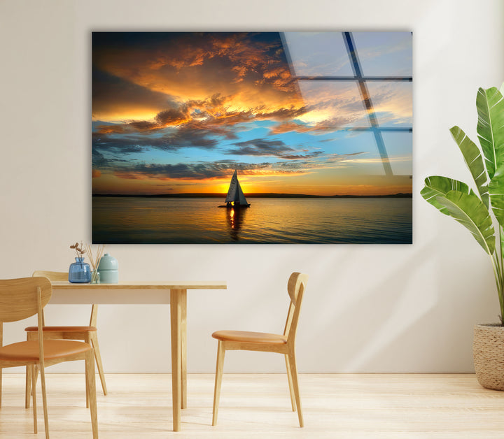 Golden Horizon Wall Art – Sailboat Sunset Glass Print
