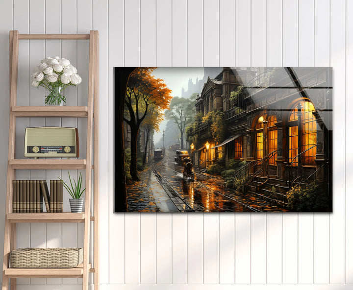 Rainy Vintage Street Wall Art – Warm Autumn Cityscape Glass Print - MyPhotoStation