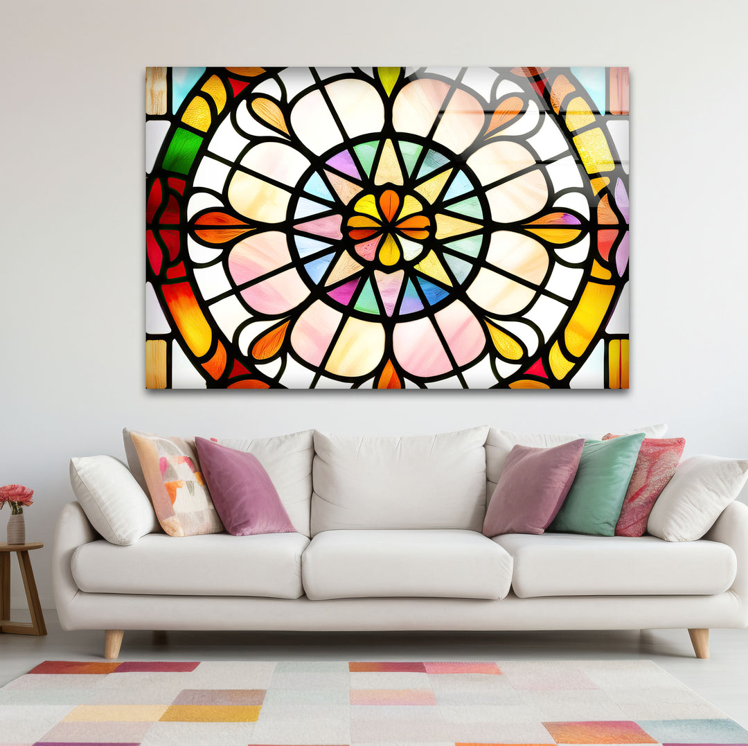 Bunte Buntglas-Wandkunst – Lebendiges Rosenfenster-Glasdesign 