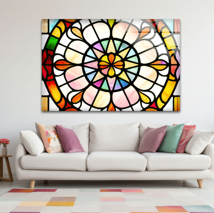 Bunte Buntglas-Wandkunst – Lebendiges Rosenfenster-Glasdesign 