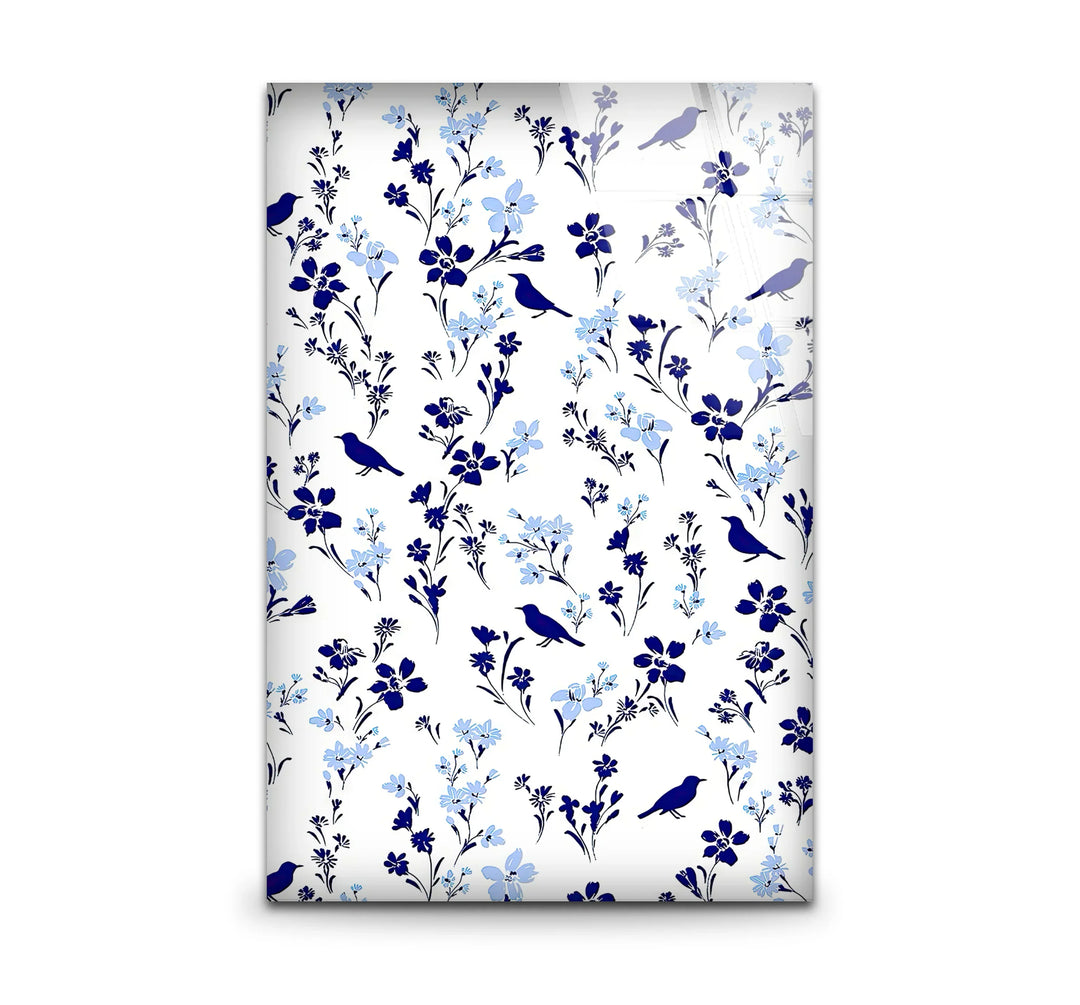 Blue Bird and Wildflower Pattern Wall Art – Elegant Floral Glass Print for Nature Lovers - MyPhotoStation