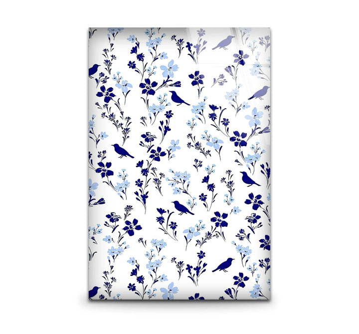 Blue Bird and Wildflower Pattern Wall Art – Elegant Floral Glass Print for Nature Lovers - MyPhotoStation