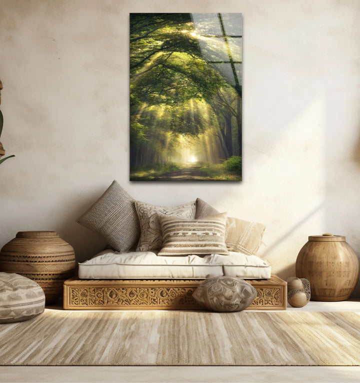 Forest Light Path Glass Wall Art – Serene Green Nature Print for Relaxing Decor - MyPhotoStation