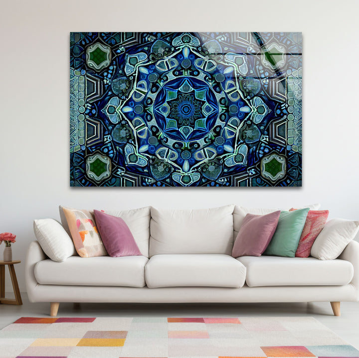 Blue Mandala Glass Wall Art – Intricate Geometric Design, Modern Home & Office Decor