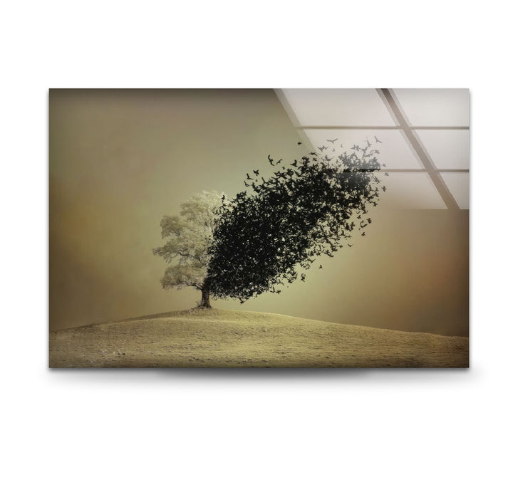 Surreal Tree Turning into Birds Wall Art – Minimalist Nature Glass Print