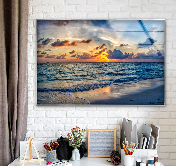 Tropical Ocean Sunset Wall Art – Serene Beach Glass Print for Tranquil and Coastal Interiors