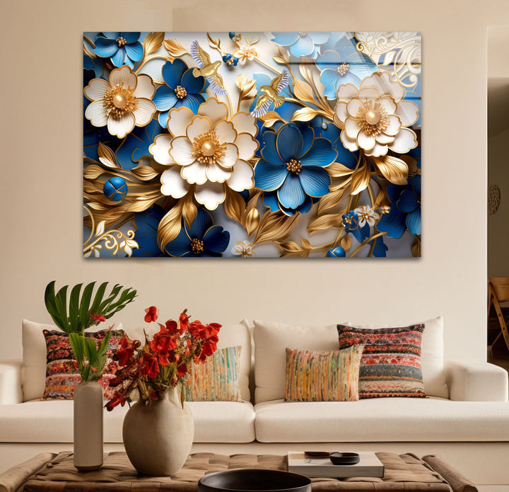 Elegante blau-goldene florale Wandkunst – 3D-Glasplatte für moderne Innenräume