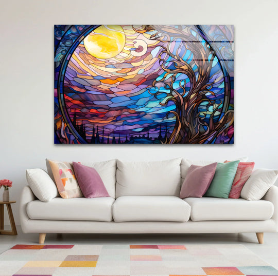 Mystic Moon Stained Glass Wall Art – Enchanted Tree & Night Sky Decor - MyPhotoStation