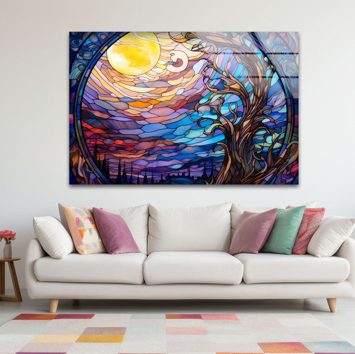 Mystic Moon Buntglas-Wandkunst – Verzauberter Baum &amp; Nachthimmel-Dekor