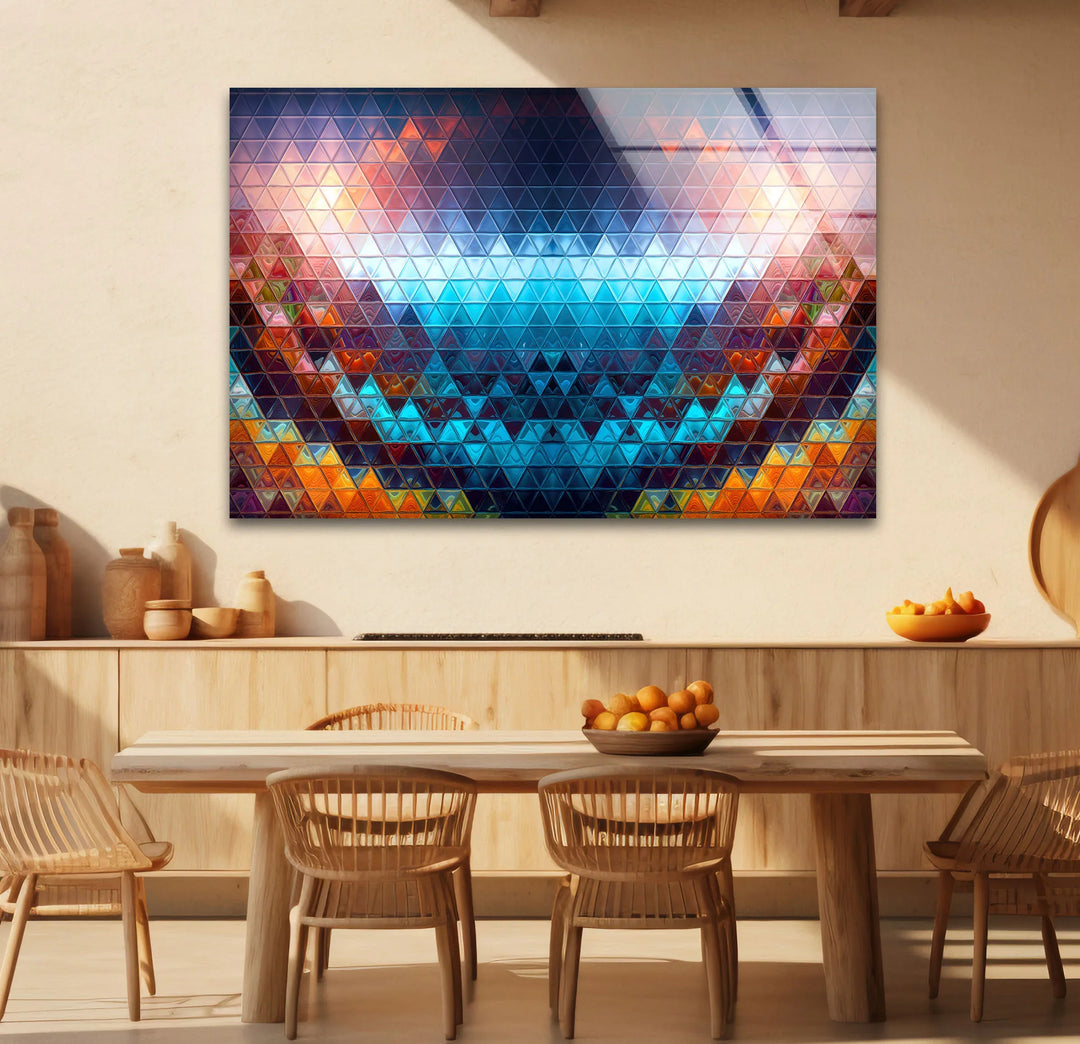Textured surface of geometric prism glass art painting features a colorful triangle mosaic design with a refracted light effect for a modern look.