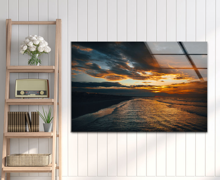 Golden Sunset Ocean Wall Art – Moody Coastal Landscape Glass Print