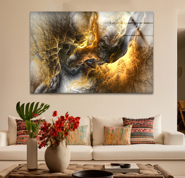 Golden Ember Cavern Wall Art – Textured Abstract Glass Print Decor