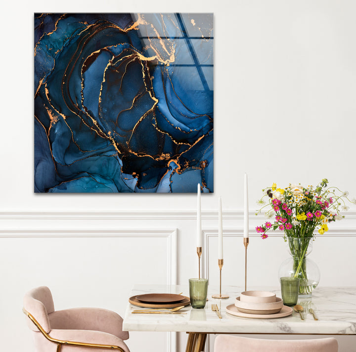 Midnight Blue Gold Abstract Wall Art – Luxury Fluid Ink Glass Print