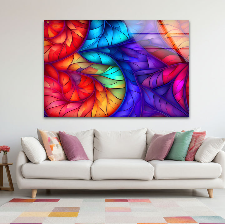 Rainbow Leaf Abstract Glass Wall Art – Multicolor Stained Design