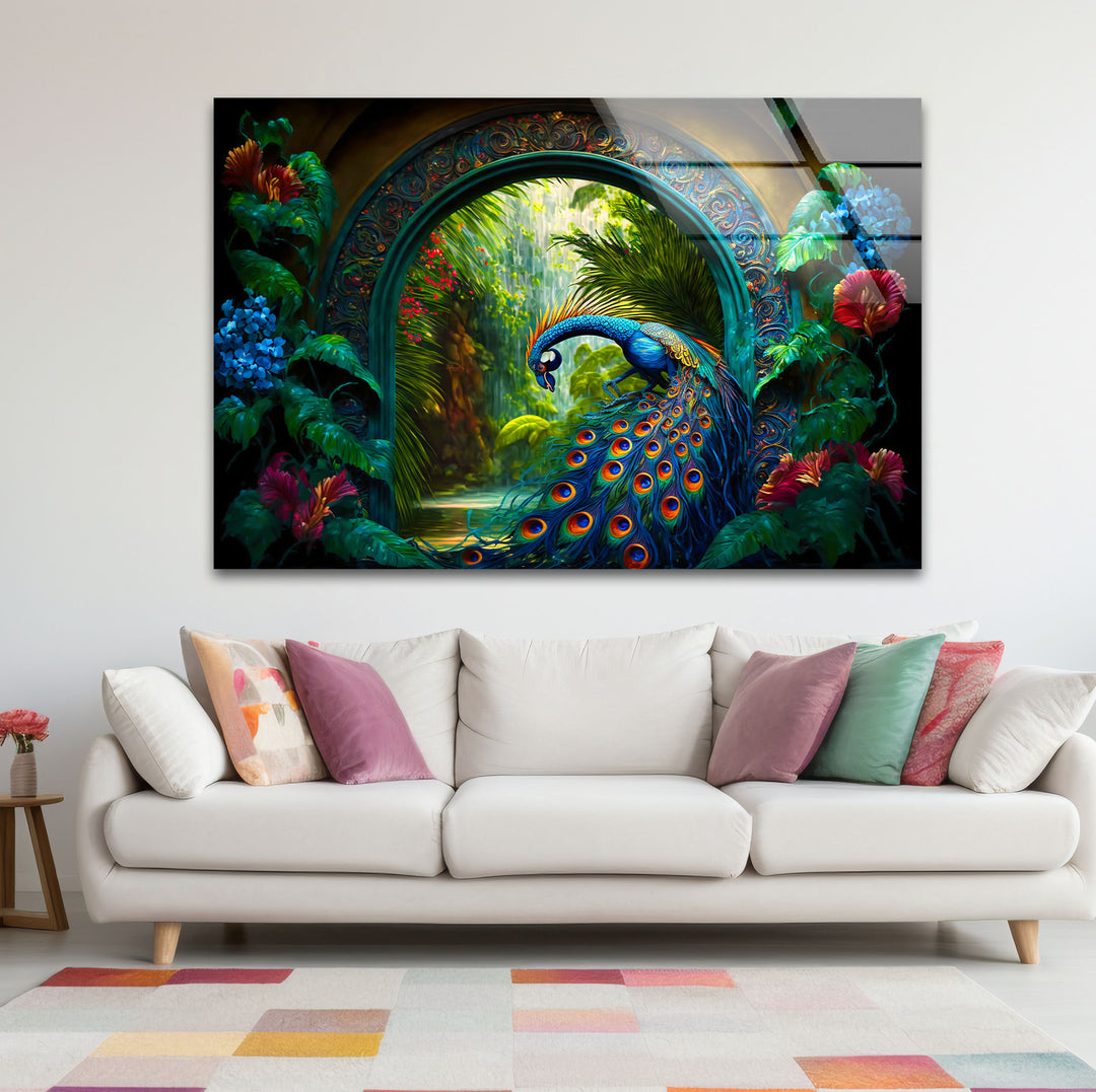 Majestic Peacock Garden Glass Wall Art – Elegant Nature-Inspired Decor