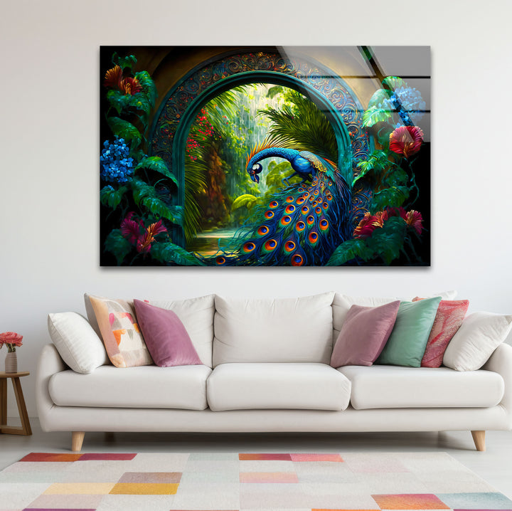 Majestic Peacock Garden Glass Wall Art – Elegant Nature-Inspired Decor