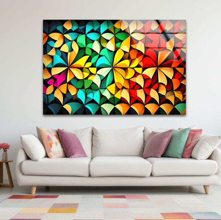 Bunte geometrische Glaswandkunst – Lebendiges abstraktes 3D-Muster