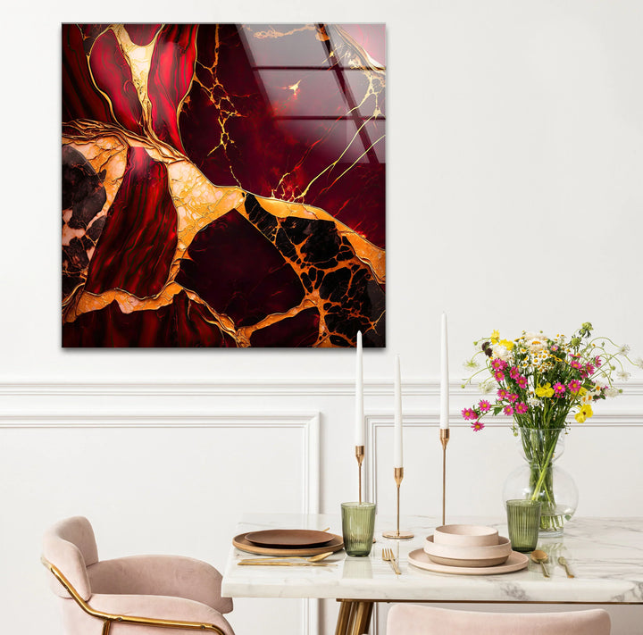 Red and Gold Marble Wall Art – Luxurious Crimson Glass Print with Cracked Vein Pattern for Bold Modern Interiors - MyPhotoStation