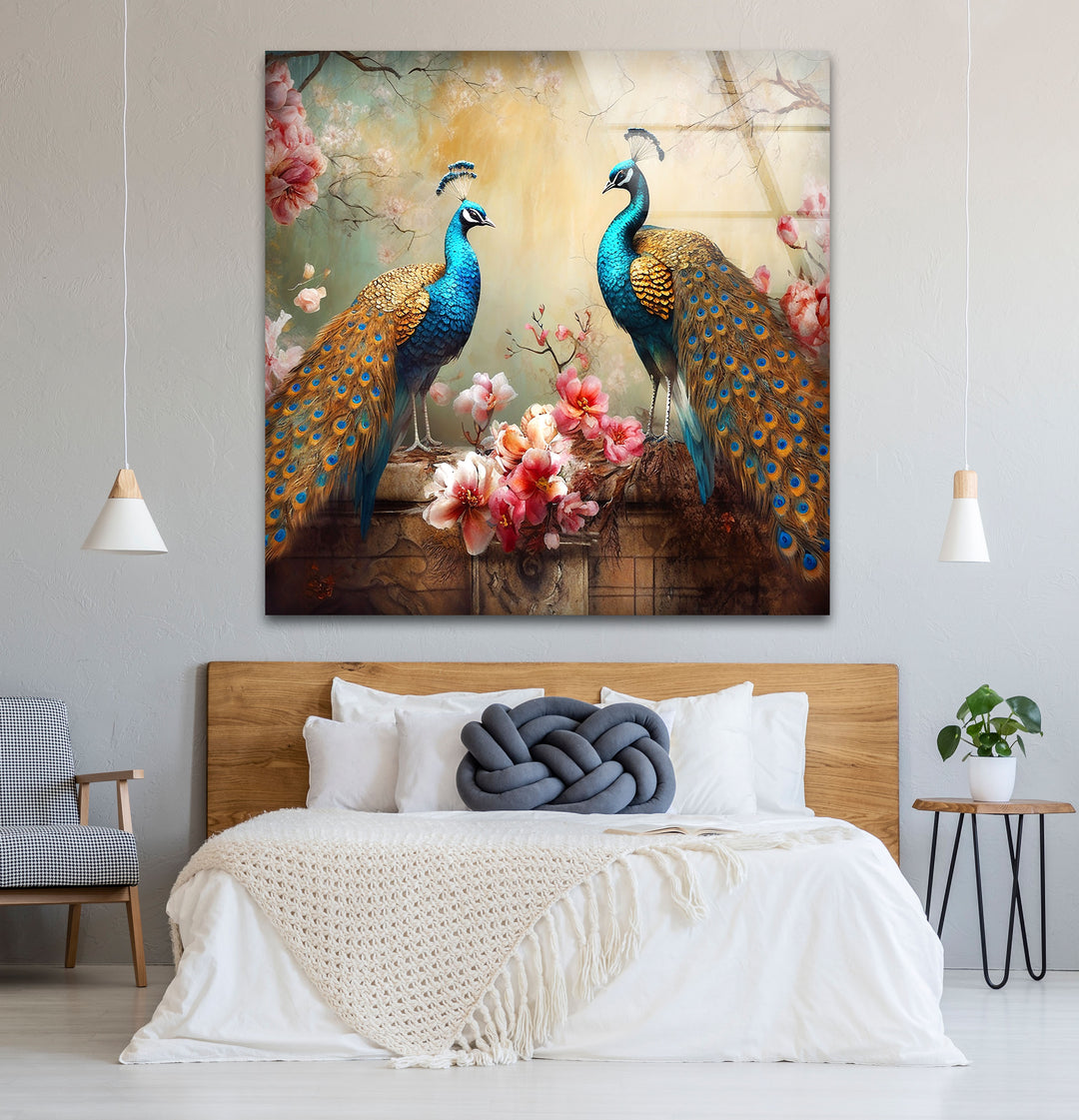 Elegant Peacock Wall Art – Floral Tempered Glass Print for Luxury Interiors