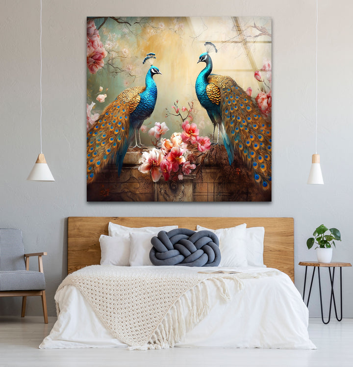Elegant Peacock Wall Art – Floral Tempered Glass Print for Luxury Interiors