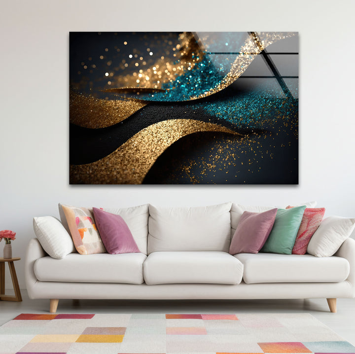 Gold Teal Glitter Wave Wall Art – Luxury Sparkle Abstract Glass Print