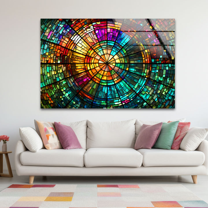 Strahlende Mosaik-Wandkunst aus Buntglas – Farbenfrohes, kreisförmiges Fensterdesign 