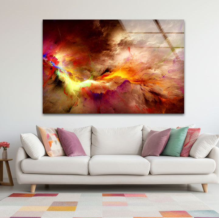 Fiery Nebula Explosion Wall Art – Abstract Cosmic Storm Glass Print Decor