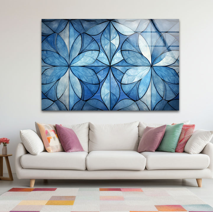 Blue Floral Geometric Wall Art – Modern Glass Panel with Elegant Petal Design