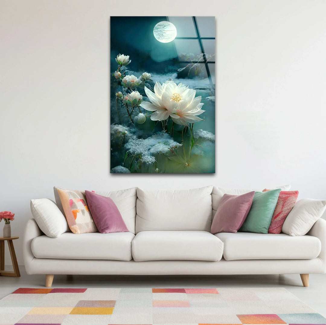 Moonlit White Lotus Glass Wall Art – Tranquil Floral Design with Ethereal Night Glow - MyPhotoStation